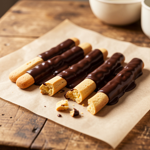 Biscuits faits maison en forme de bâtonnets, partiellement enrobés de chocolat noir brillant et disposés sur du papier cuisson.