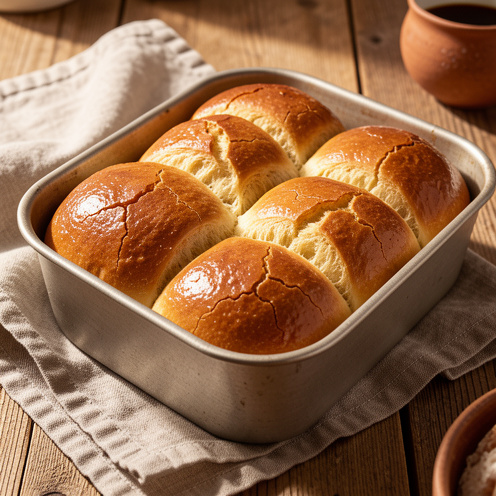 Brioche de Nanterre classique dorée, composée de boules de pâte moelleuses cuites côte à côte dans un moule rectangulaire.