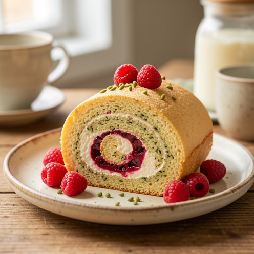 Bûche roulée à la framboise et à l’anis vert, présentée en tranches avec une spirale de crème, des framboises fraîches et des graines d’anis vert.