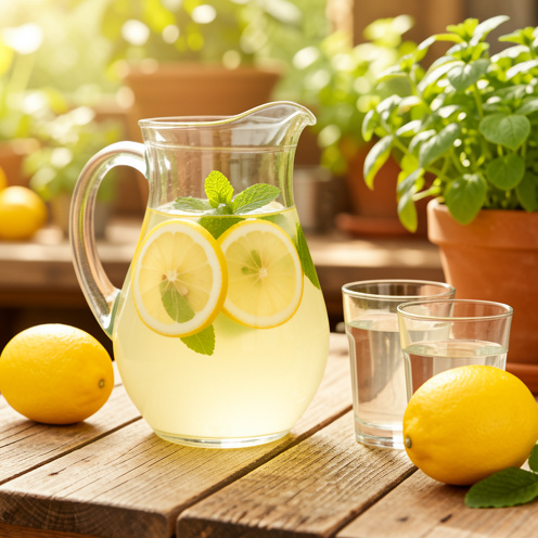 Carafe en verre remplie de citronnade maison avec des rondelles de citron et des feuilles de menthe, posée sur une table en bois.