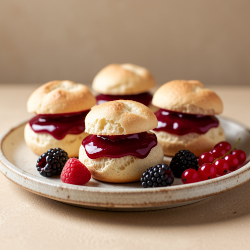 Assortiment de choux garnis d’une ganache brillante aux fruits rouges, accompagné de framboises, mûres et groseilles.