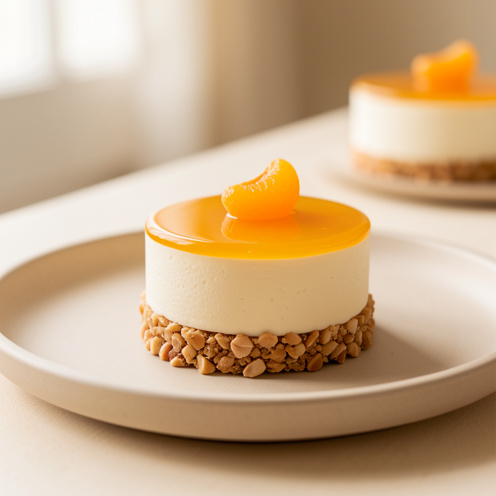 Entremets raffiné à l'abricot, à la vanille et à la noisette, présenté sur une assiette en céramique.