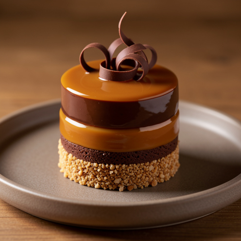 Entremets raffiné au chocolat et au caramel, composé de couches fondantes sur un croustillant praliné, décoré de copeaux de chocolat.