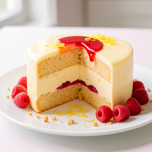 Entremet citron framboise élégamment présenté, avec une tranche révélant ses couches de biscuit, mousse citronnée, insert framboise et glaçage brillant.