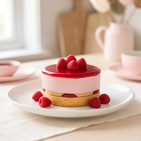 Entremet léger à la framboise composé de mousse rose, de fines couches de biscuit et de framboises fraîches.