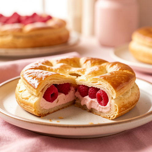 Galette dorée garnie de frangipane à la praline rose et de framboises fraîches, avec une part montrant sa garniture crémeuse.
