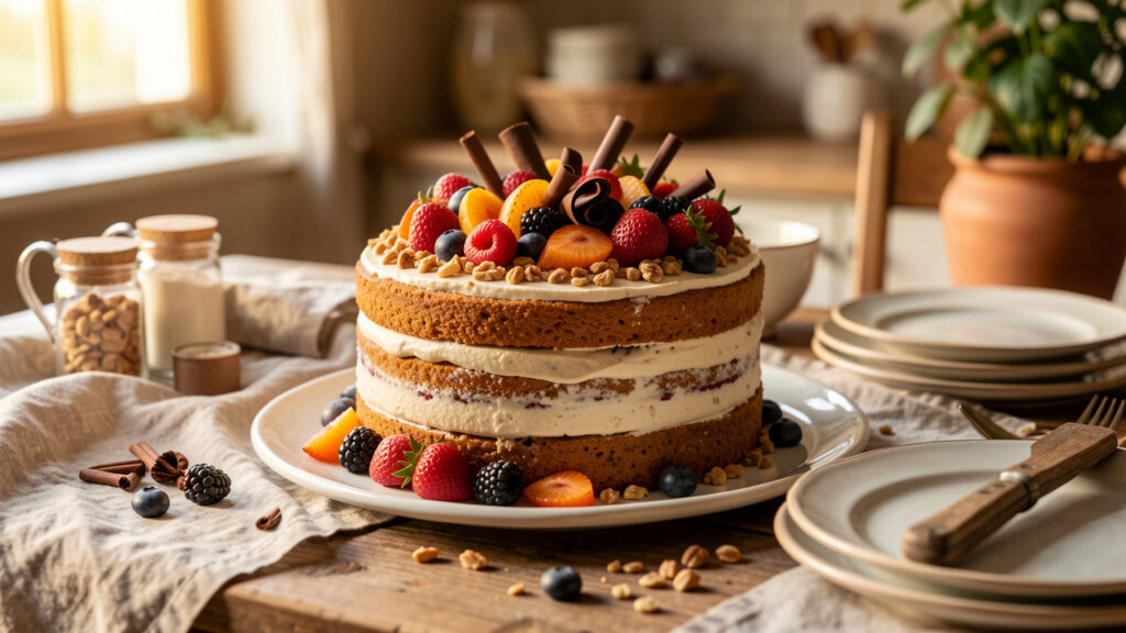 Gâteau de fête maison décoré de fruits, de noix grillées et de copeaux de chocolat sur une table de cuisine chaleureuse.