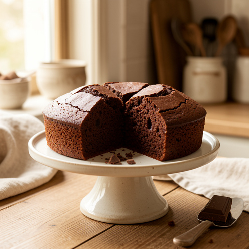 Gâteau au chocolat maison, simple et moelleux, posé sur un présentoir dans une cuisine baignée de lumière naturelle.
