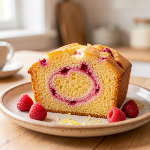 Gâteau moelleux au citron et à la framboise, tranché pour révéler de jolies marbrures roses et dorées.