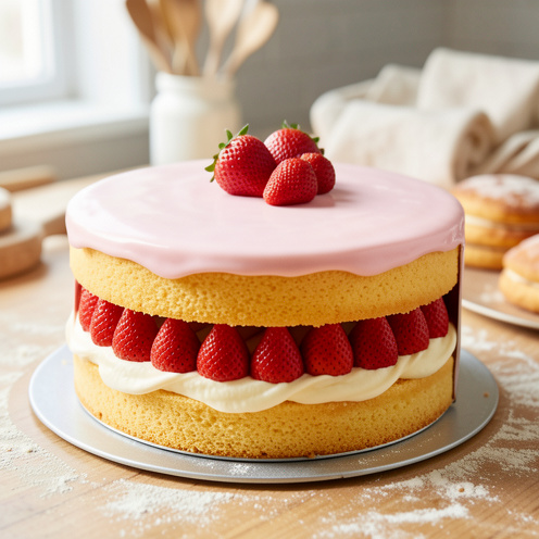 Gâteau fraisier frais présenté en couches avec génoise dorée, crème vanillée et fraises rouges, en cours de montage dans un cercle à pâtisserie.