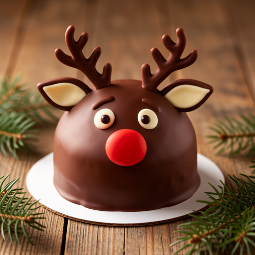 Gâteau de Noël en forme de renne, recouvert de ganache au chocolat et décoré d’un nez rouge ainsi que de bois de renne.