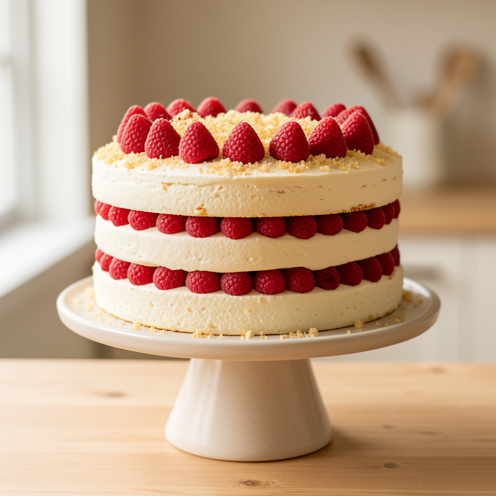 Layer cake à la framboise et à la vanille, garni de crème mascarpone et décoré de framboises fraîches.