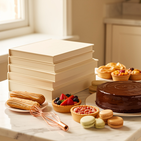 Livres de pâtisserie aux couvertures vierges accompagnés de pâtisseries françaises variées sur un plan de travail en marbre.