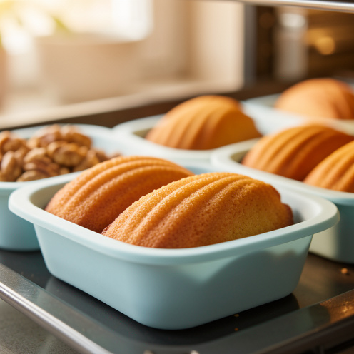 Madeleines aux noix dorées en train de cuire dans un moule en silicone bleu clair.