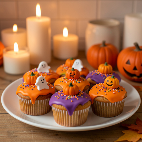 Assiette de muffins maison décorés de glaçage orange et violet, de petites citrouilles comestibles et de formes de fantômes pour Halloween.