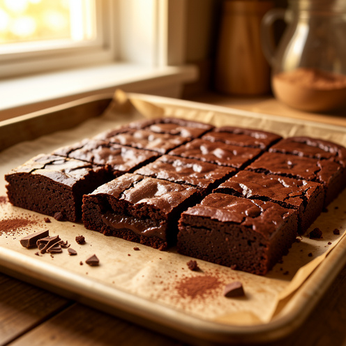 Carrés de brownies au chocolat à la texture fondante, avec une croûte brillante et légèrement craquelée, présentés sur du papier cuisson.