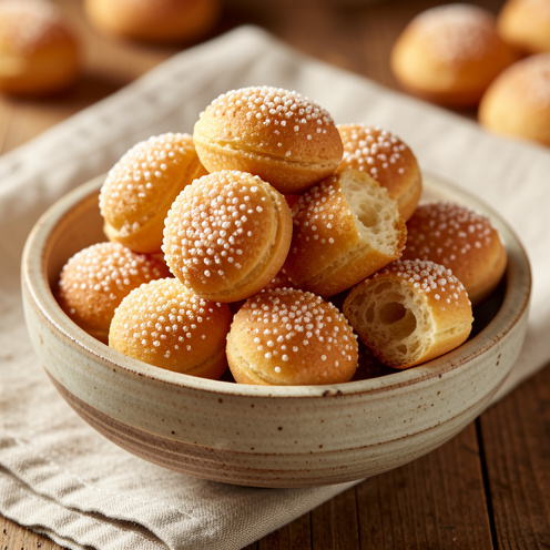 Gros plan sur un bol rempli de chouquettes dorées, recouvertes de sucre perlé, posé sur une table en bois avec un linge en lin.