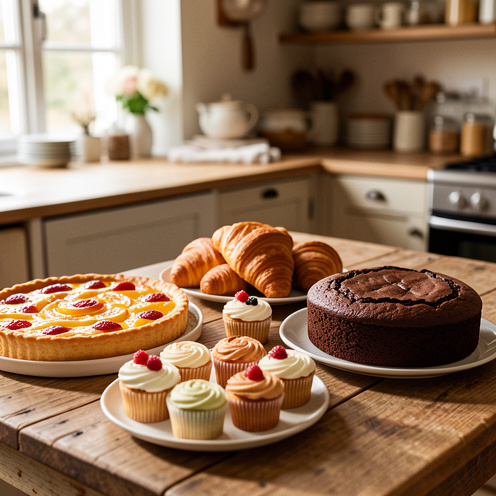 Assortiment de gâteaux et de pâtisseries maison fraîchement préparés sur une table en bois dans une cuisine chaleureuse.