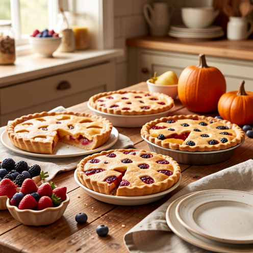 Assortiment de tartes maison aux fruits et au potiron, présenté sur une table en bois dans une cuisine chaleureuse.