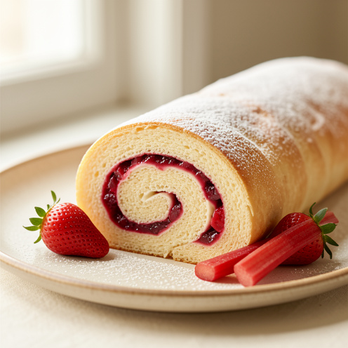 Roulé raffiné à la fraise et à la rhubarbe, présenté en tranches avec des spirales de biscuit, de crème et de compotée de fruits rouges.