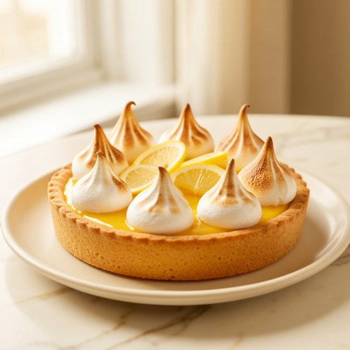 Tarte au citron garnie de meringue italienne dorée, présentée sur une assiette en céramique claire.