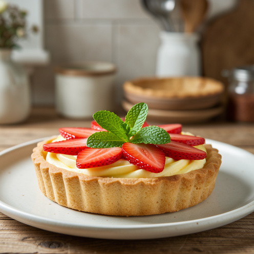 Tarte raffinée aux fraises, au citron et à la menthe fraîche, présentée sur une assiette en céramique.