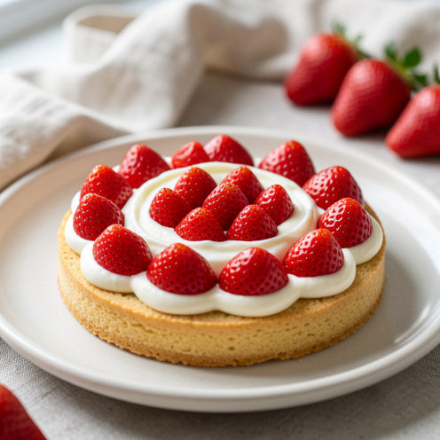 Tarte aux fraises et à la crème mascarpone sur un palet breton doré, décorée de fraises brillantes disposées en cercle.