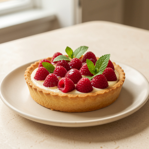 Tarte française raffinée à la framboise, garnie de framboises fraîches soigneusement disposées, de crème onctueuse et de quelques feuilles de menthe.