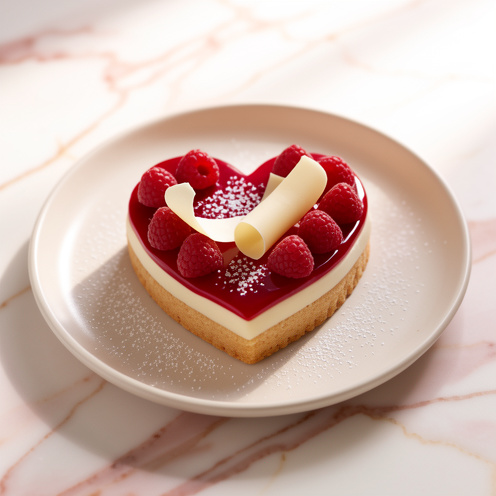 Tarte en forme de cœur à la framboise et au chocolat blanc, décorée de framboises fraîches et de copeaux de chocolat blanc.