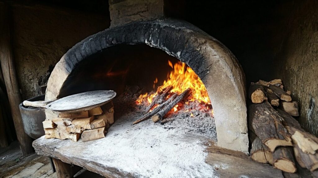 Four à bois accueillant une tarte flambée alsacienne en pleine cuisson.