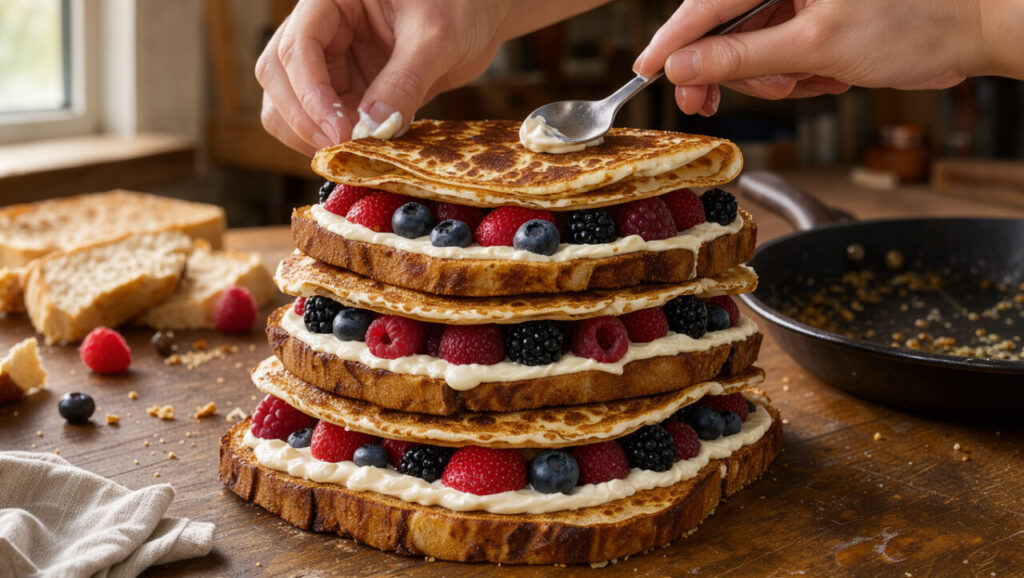 Recette au pain perdu façon gâteau de crêpes : un dessert à étages anti-gaspi, prêt sans four