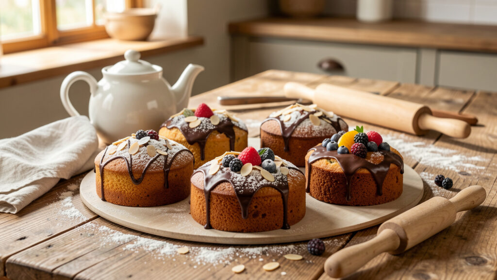Sept petits gâteaux maison variés présentés sur une table en bois avec une théière et des accessoires de pâtisserie.